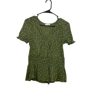 Mine Women Olive Green Polka Dot Smocked Peplum Blouse Short Sleeve V-Neck Large